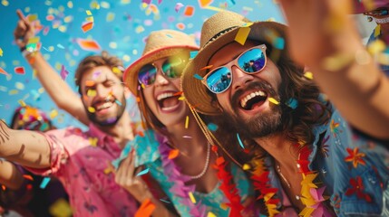 Obraz premium Music enjoyment and socializing, young friends with happy faces and colorful attire