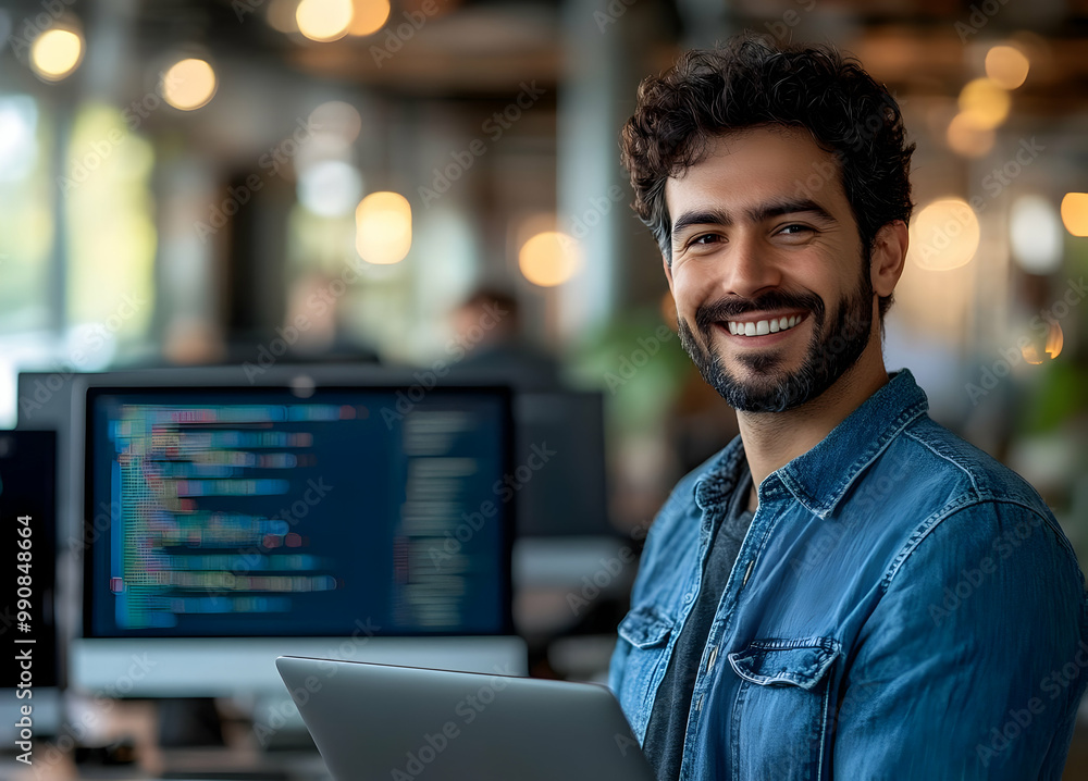 Poster a smiling young man working on a laptop in a modern office environment with multiple computer screen