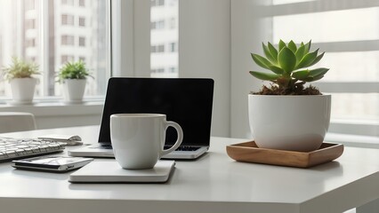 Modern minimalist office desk with laptop, coffee cup and succulent plant in white pot. Bright natural light.