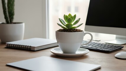 Modern minimalist office desk with laptop, coffee cup and succulent plant in white pot. Bright natural light.
