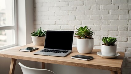 Modern minimalist office desk with laptop, coffee cup and succulent plant in white pot. Bright natural light.