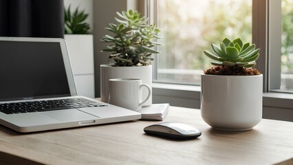 Modern minimalist office desk with laptop, coffee cup and succulent plant in white pot. Bright natural light.