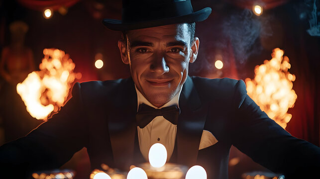 A suave magician performing tricks with illuminated flames, captivating an audience in a vibrant, theatrical setting.