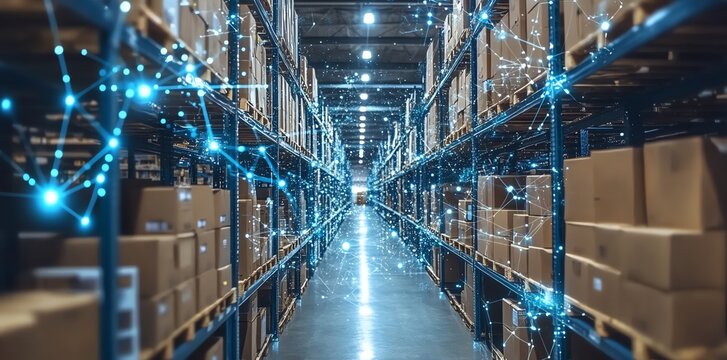 A warehouse with rows of shelves stacked with cardboard boxes, illuminated by blue glowing lights and a network of lines. - Powered by Adobe