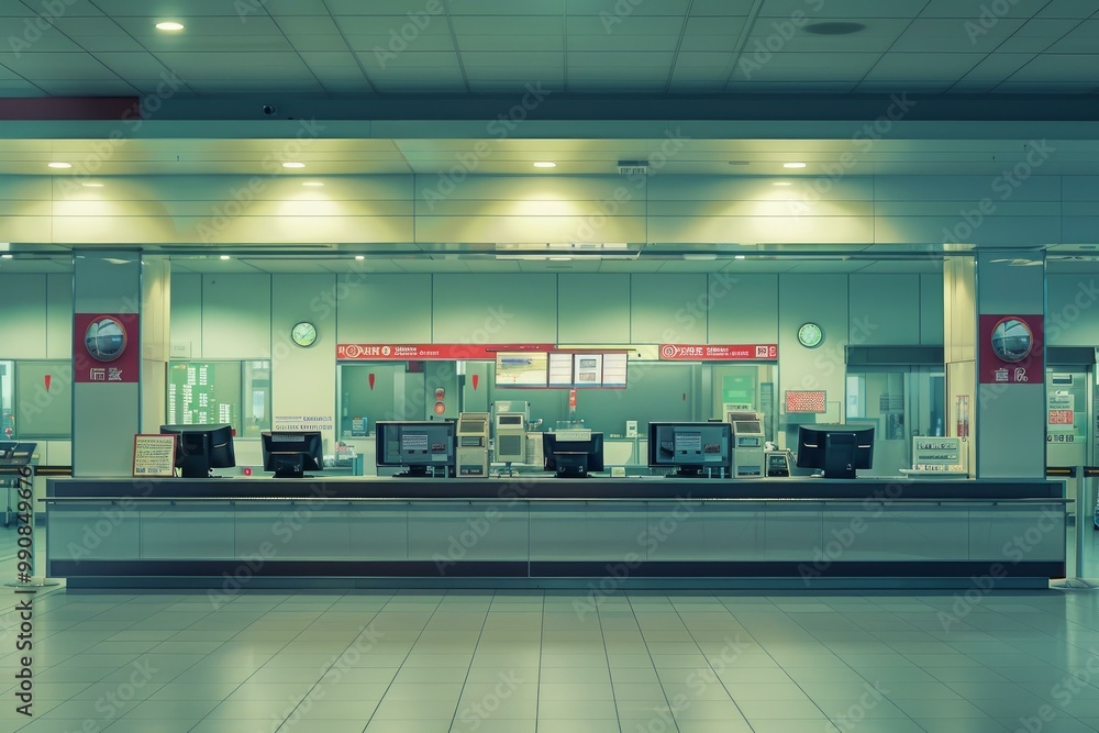 Poster empty check in desks are waiting for passengers in an airport terminal