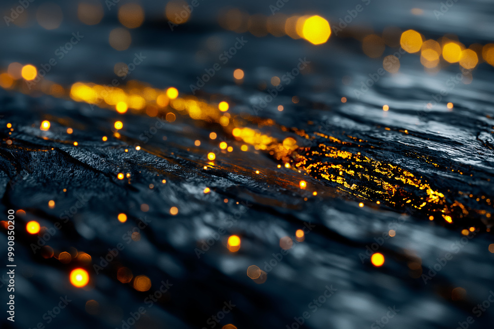Poster a textured surface appears illuminated by scattered golden particles, creating a captivating display