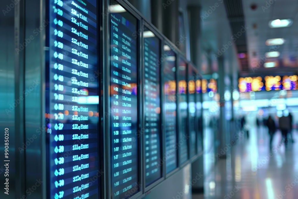 Poster airport terminal board displaying flight information with passengers walking in the background