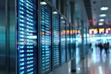Airport terminal board displaying flight information with passengers walking in the background