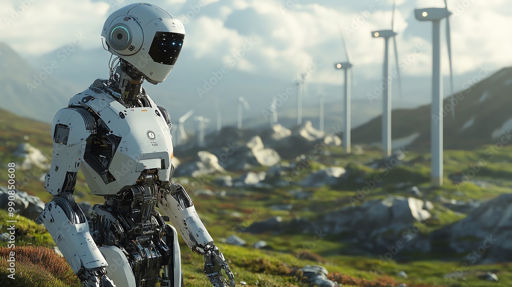 Poster a white humanoid robot stands in a field of wind turbines. the robot has a sleek design and a human-