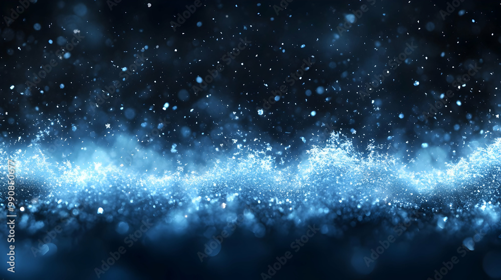 Poster beautiful blue water splash with shimmering particles against a dark background, creating a dynamic 