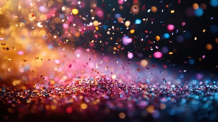 swirling confetti in rainbow colors against black background freezeframe capture of falling pieces festive celebratory mood with bokeh effects