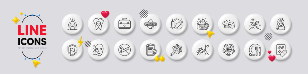 First aid, Shield and Dental insurance line icons. White buttons 3d icons. Pack of Mountain bike, Coronavirus vaccine, No smoking icon. Eco organic, Healthy face, Hand sanitizer pictogram. Vector