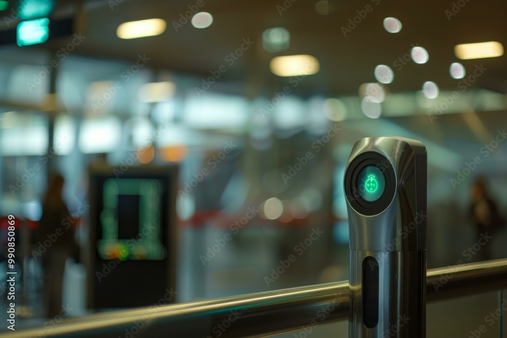 Poster green light allowing access on a security turnstile with a blurred background with people and a digi