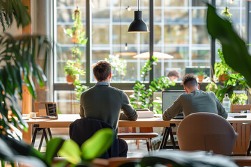 professionals working in modern coworking space with plants