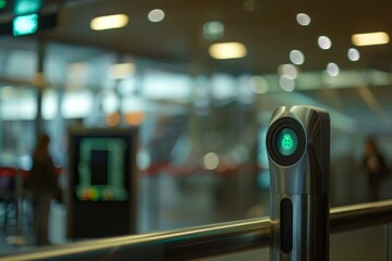 Green light allowing access on a security turnstile with a blurred background with people and a digital display