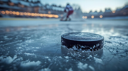 Close-up of a hockey puck on the ice with a blurred player skating in the background, capturing the essence of the sport.