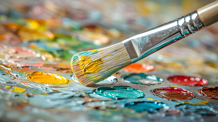 Fototapeta premium Close-up of a paintbrush mixing vibrant colors on a palette, highlighting artistic creativity in action.