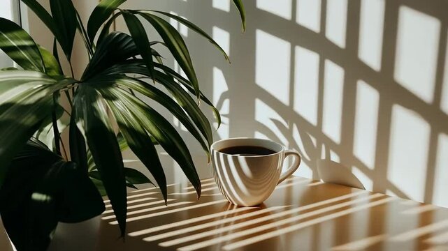 Morning coffee cup with houseplant shadow pattern