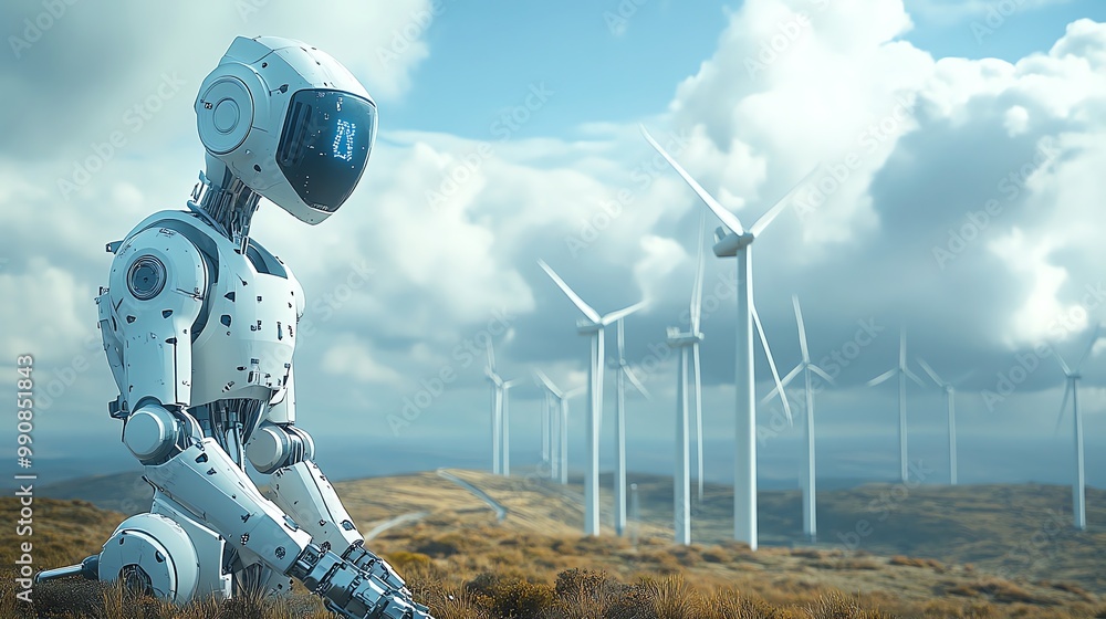 Poster a white robot sits on a grassy hill and looks out at a field of wind turbines under a partly cloudy 