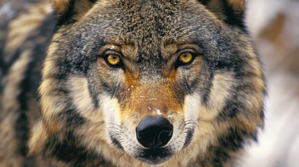 Fototapeta premium Close-up portrait of a timber wolf with piercing yellow eyes, capturing the intensity and power of this majestic predator in stunning detail, ideal for wildlife photography, animal conservation projec