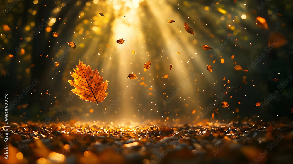 Poster floating autumn leaf illuminated by sunlight with glowing background and falling leaves, creating a 