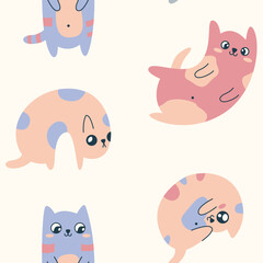 Fototapeta premium Seamless pattern with cute cartoon cats, adorable kittens. Simple children's surface design: pets, domestic animals in delicate pastel colors. Isolated animals on light background. Vector illustration
