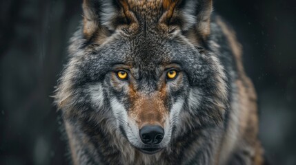 Fototapeta premium Close-up portrait of a timber wolf with piercing yellow eyes, capturing the intensity and power of this majestic predator in stunning detail, ideal for wildlife photography, animal conservation projec