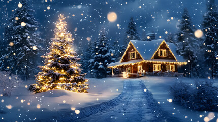 Fototapeta premium Holiday Snowy Night city with street and big Christmas Tree