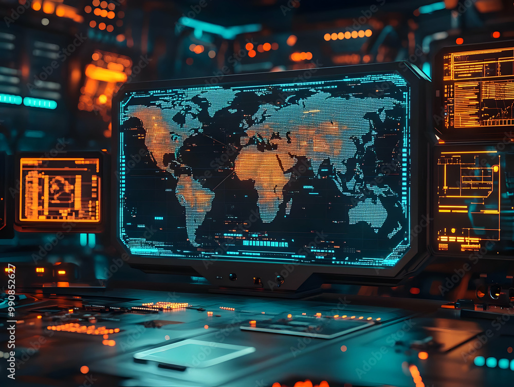 Poster futuristic interface with a world map and digital screens showcasing data and graphics in a high-tec