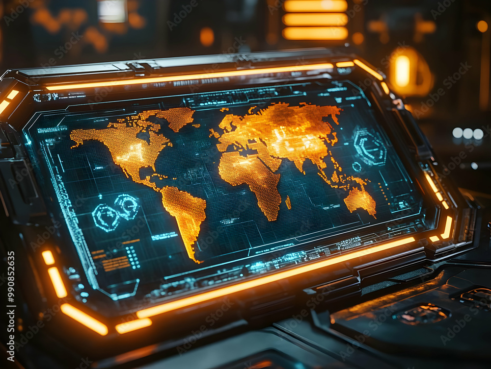 Poster futuristic interface displaying a glowing world map with intricate data overlays.