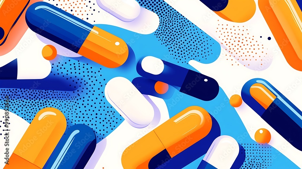 Poster abstract pattern of blue and orange pills on a white background with colorful shapes.