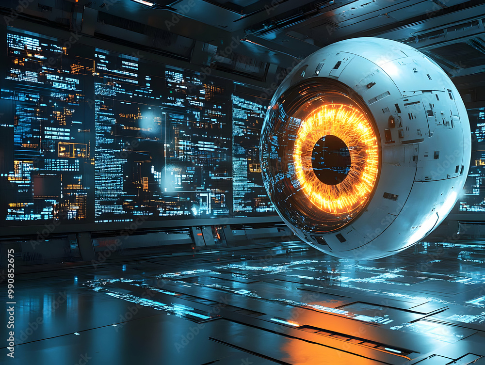Poster futuristic robotic eye with glowing orange core in a high-tech environment.