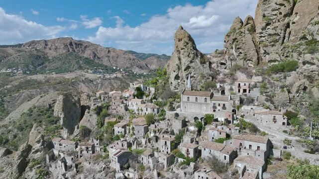 Ghost Town from a drone, Pentedattilo Village, Calabria, Italy, Europe