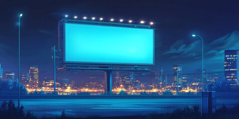 panorama of billboard advertising ad sign city buildings highway road with blue light at night background horizontal digital painting 2d illustration