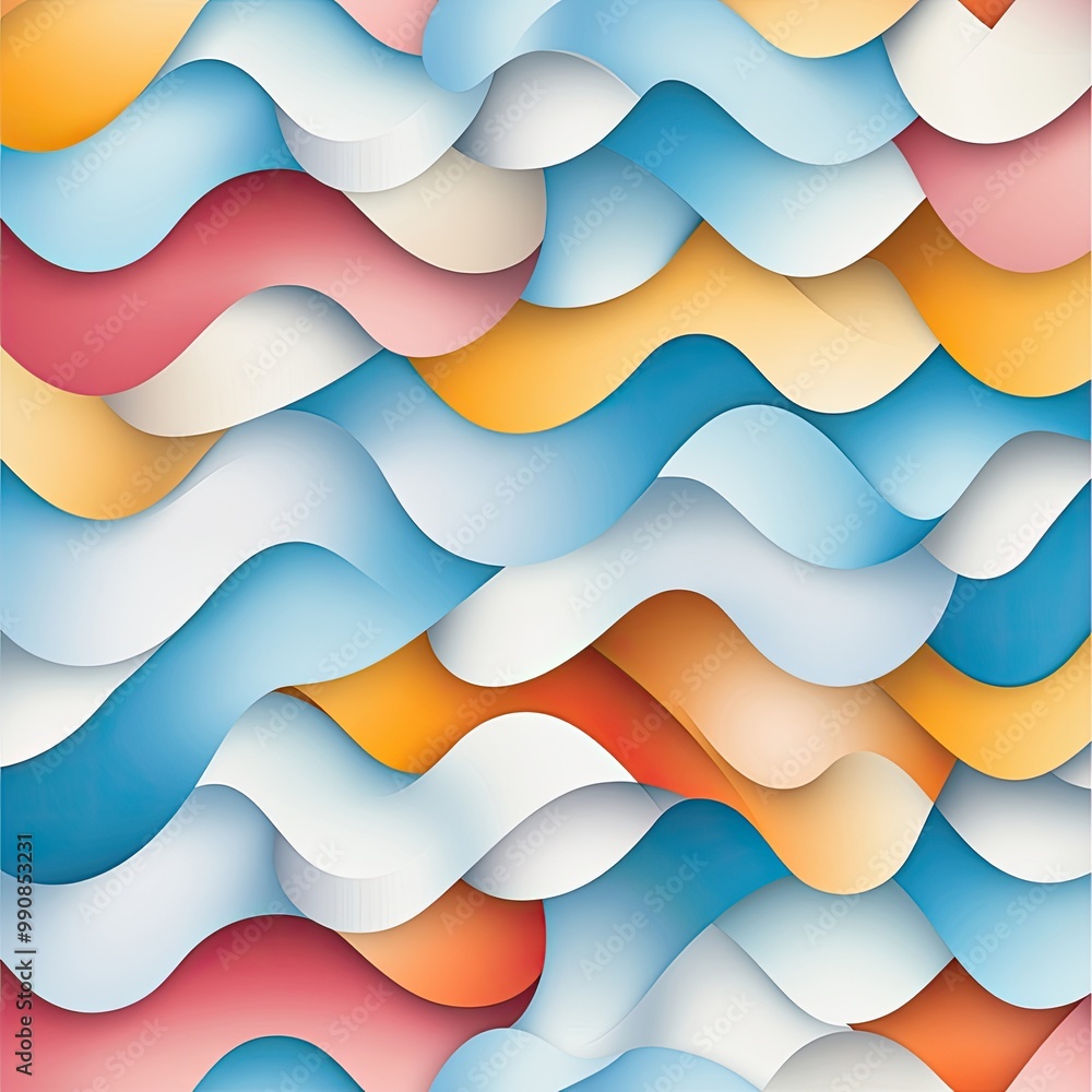 Poster a vibrant, abstract design featuring layered wavy shapes in pastel colors, creating a dynamic and mo