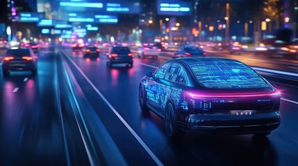 A futuristic car drives through a neon-lit city street, showcasing vibrant digital displays and a sleek design, emphasizing technology and urban life.