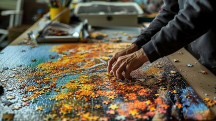 Hands Assembling Colorful Puzzle on a Table