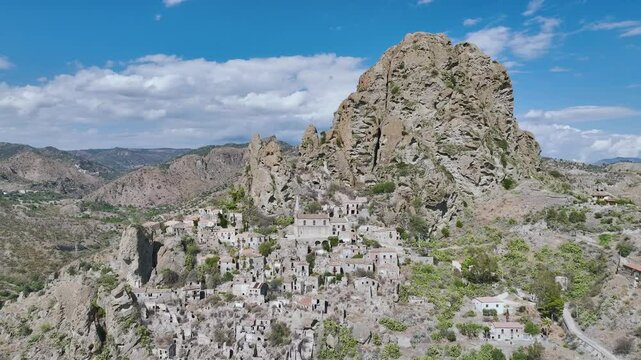 Ghost Town from a drone, Pentedattilo Village, Calabria, Italy, Europe