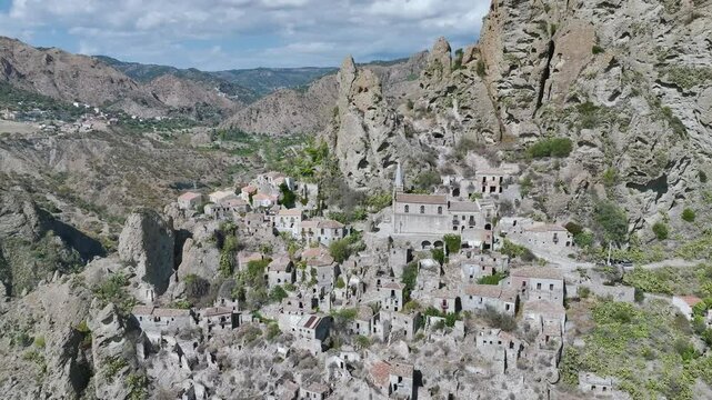 Ghost Town from a drone, Pentedattilo Village, Calabria, Italy, Europe