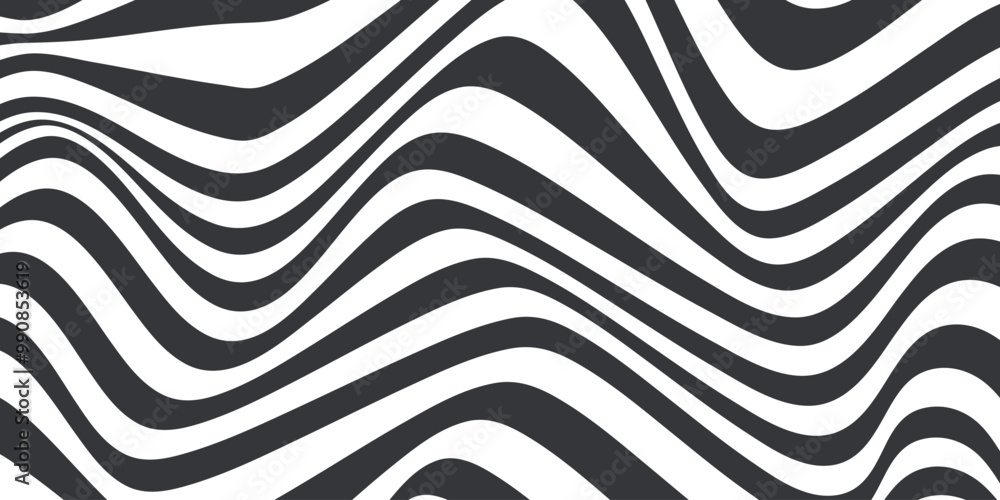 Aufkleber Abstract horizontal background with dynamic waves. Trendy vector illustration in style retro 60s, 70s. White and black colors