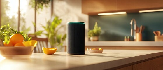 A smart speaker sits on a bright kitchen counter, surrounded by fresh produce, with sunlight streaming through the window, creating a warm, inviting atmosphere.