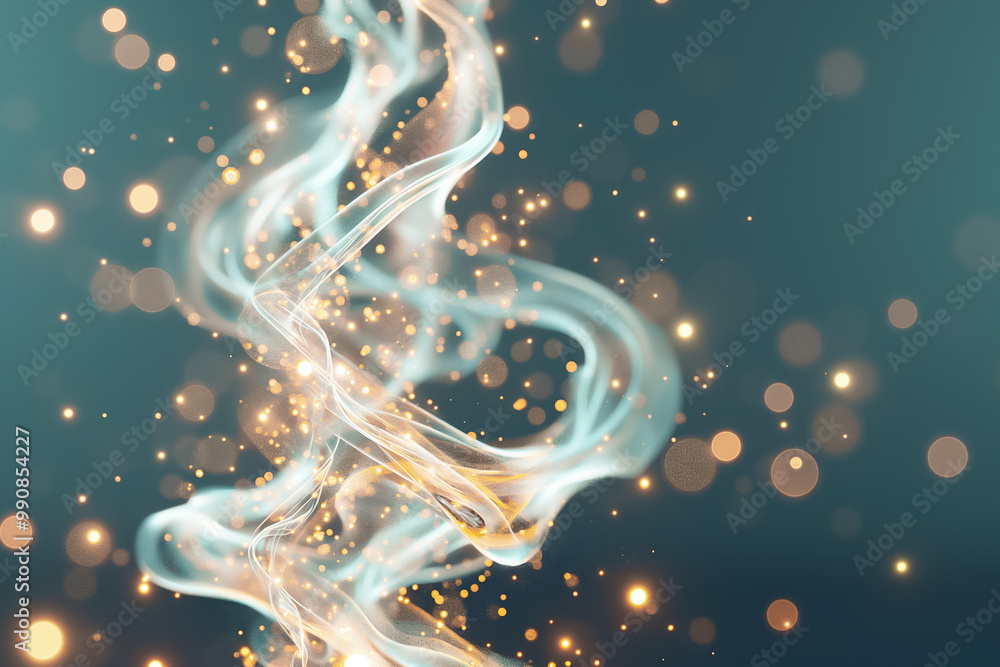 Poster delicate wisps of smoke intertwine, illuminated by shimmering particles that float softly against a 