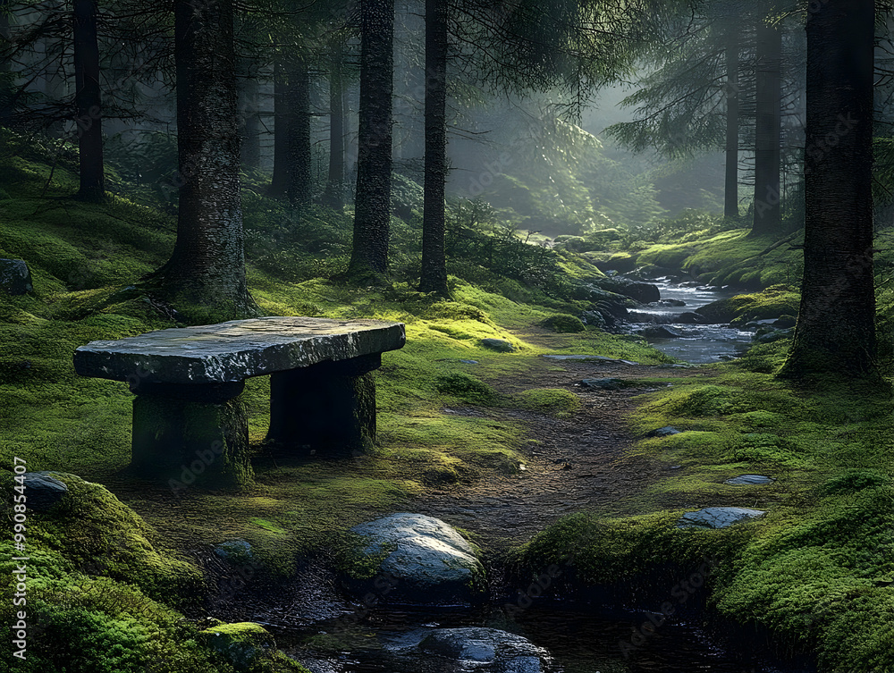Poster serene forest path with a moss-covered bench, bathed in soft, diffused light, creating a tranquil es