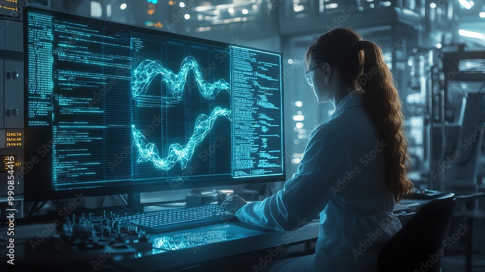 Poster a woman sits in front of a computer, looking at a graph and data code displayed on the screen.