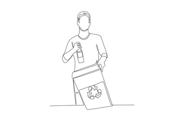 Man puts bottle in trash can. Waste collection concept one-line drawing