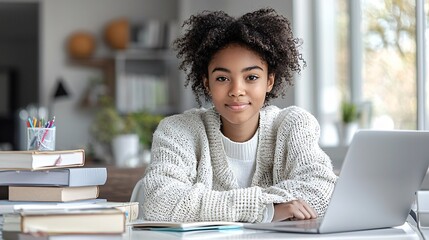 A lone student raising their hand in a virtual classroom on a laptop sitting at home surrounded by books and school supplies focus and engagement in their eyes