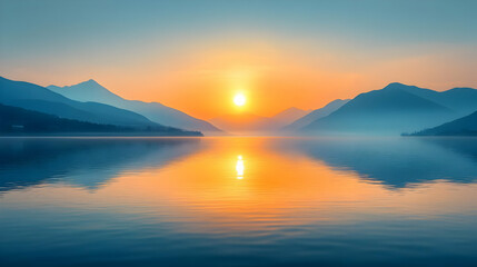 Serene sunset over calm water reflecting mountains, creating a tranquil scenery with vibrant orange and blue hues.