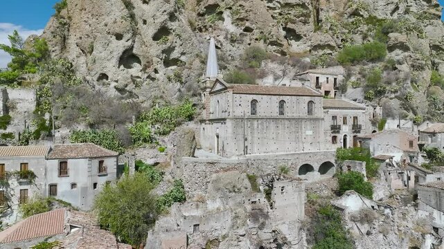 Ghost Town from a drone, Pentedattilo Village, Calabria, Italy, Europe