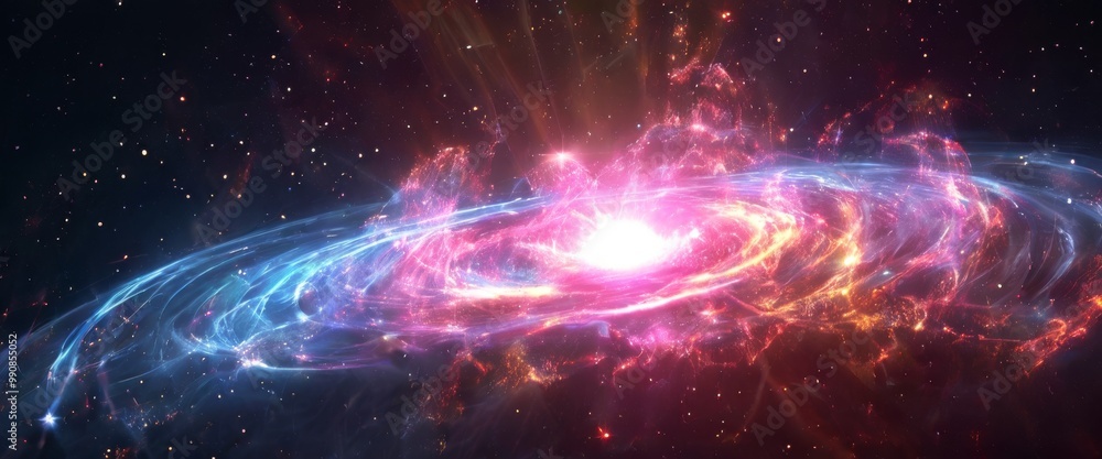 Poster this high-resolution depiction of a swirling galaxy features a glowing center with colorful star clu