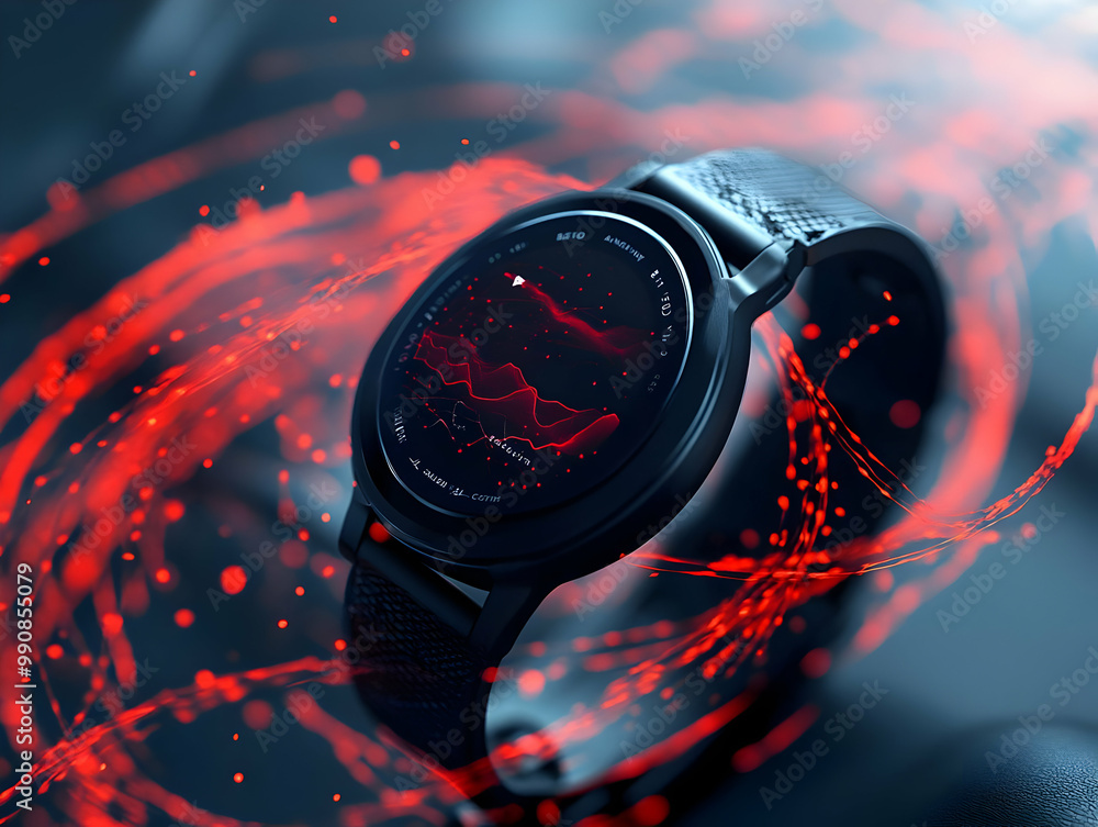 Poster stylish smartwatch with a modern design against a vibrant red splash effect background.